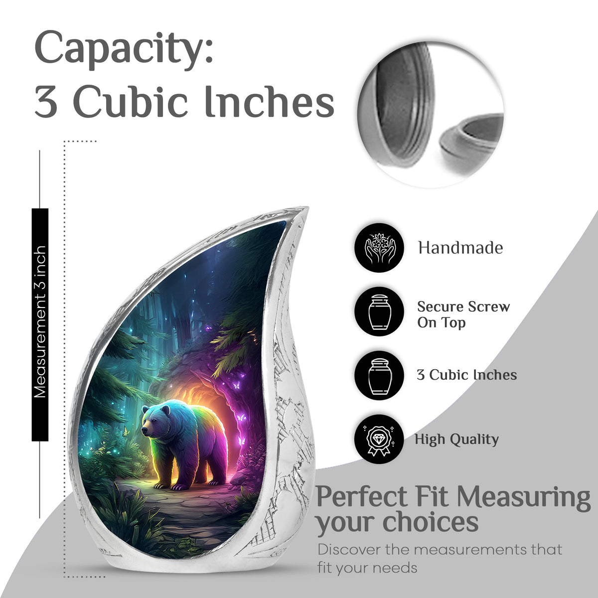 Indigo Bear Cremation Urn angled view of lid and engraved motif - flowing teardrop bear silhouette on curved aluminum - mini keepsake memorial for portion of cremation ashes