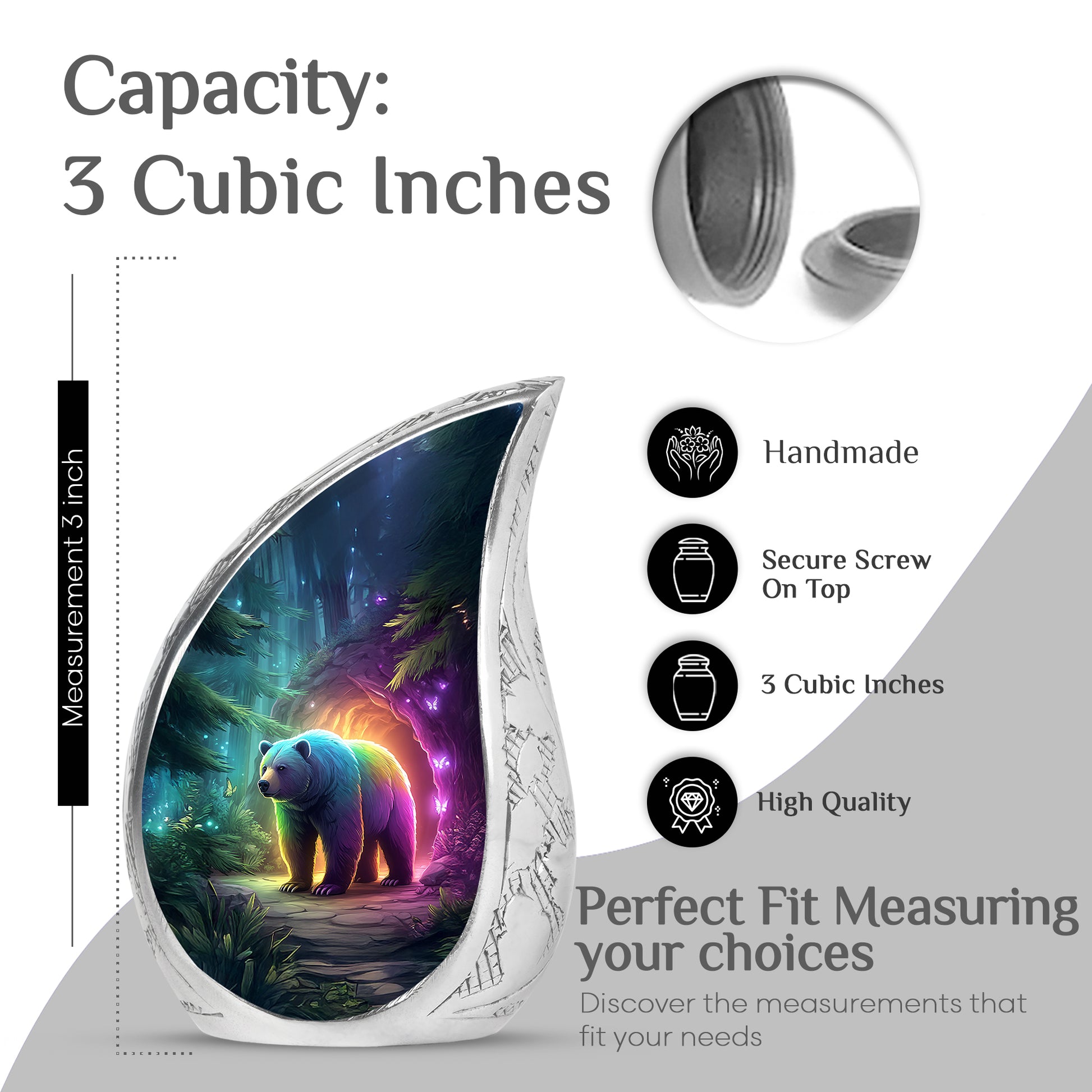 Indigo Bear Cremation Urn angled view of lid and engraved motif - flowing teardrop bear silhouette on curved aluminum - mini keepsake memorial for portion of cremation ashes
