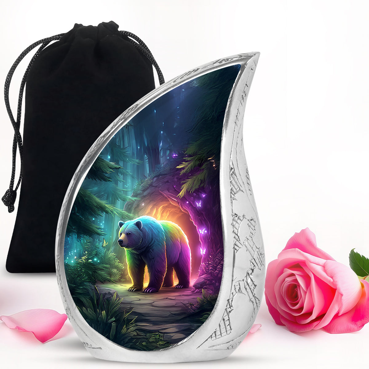 Soft Blue Bear Cremation Urn front view showing detailed design - smooth teardrop contour featuring bear art - full-size 10 inch 200 cubic inch adult cremation urn