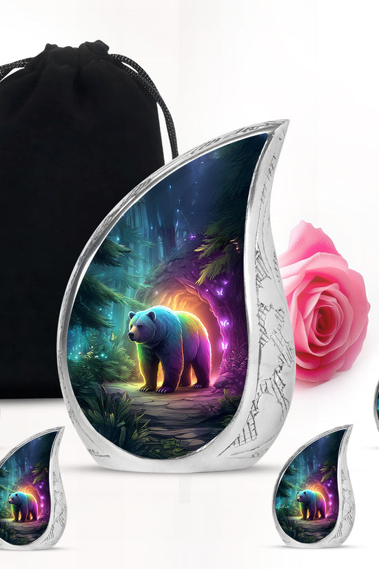 Sapphire Blue Bear Cremation Urn side profile showing urn shape - graceful tear-shaped urn with bear motif - memorial set with one large and four small urns