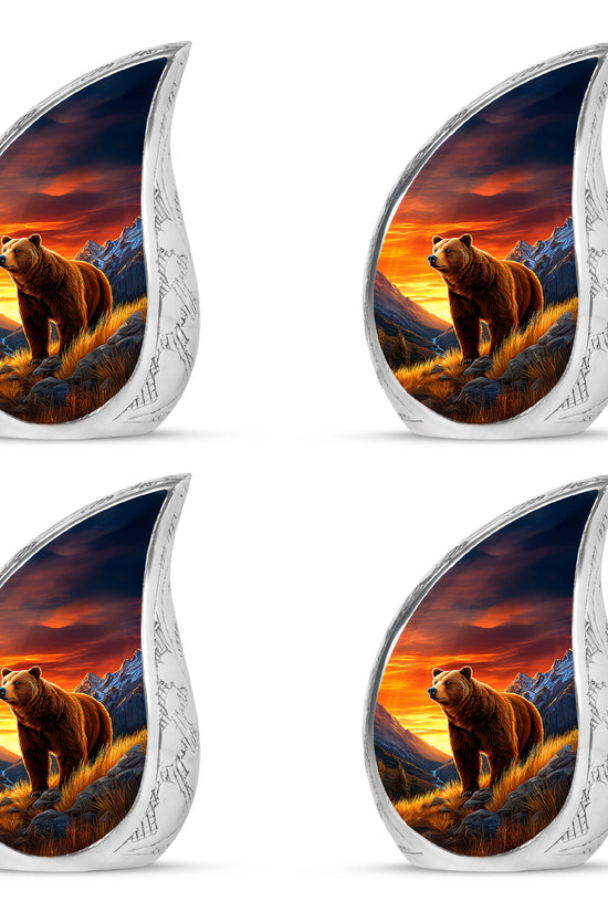 Twilight Blue Bear Cremation Urn close-up of engraving and surface detail - smooth teardrop contour featuring bear art - 10 inch aluminum urn for cremated remains