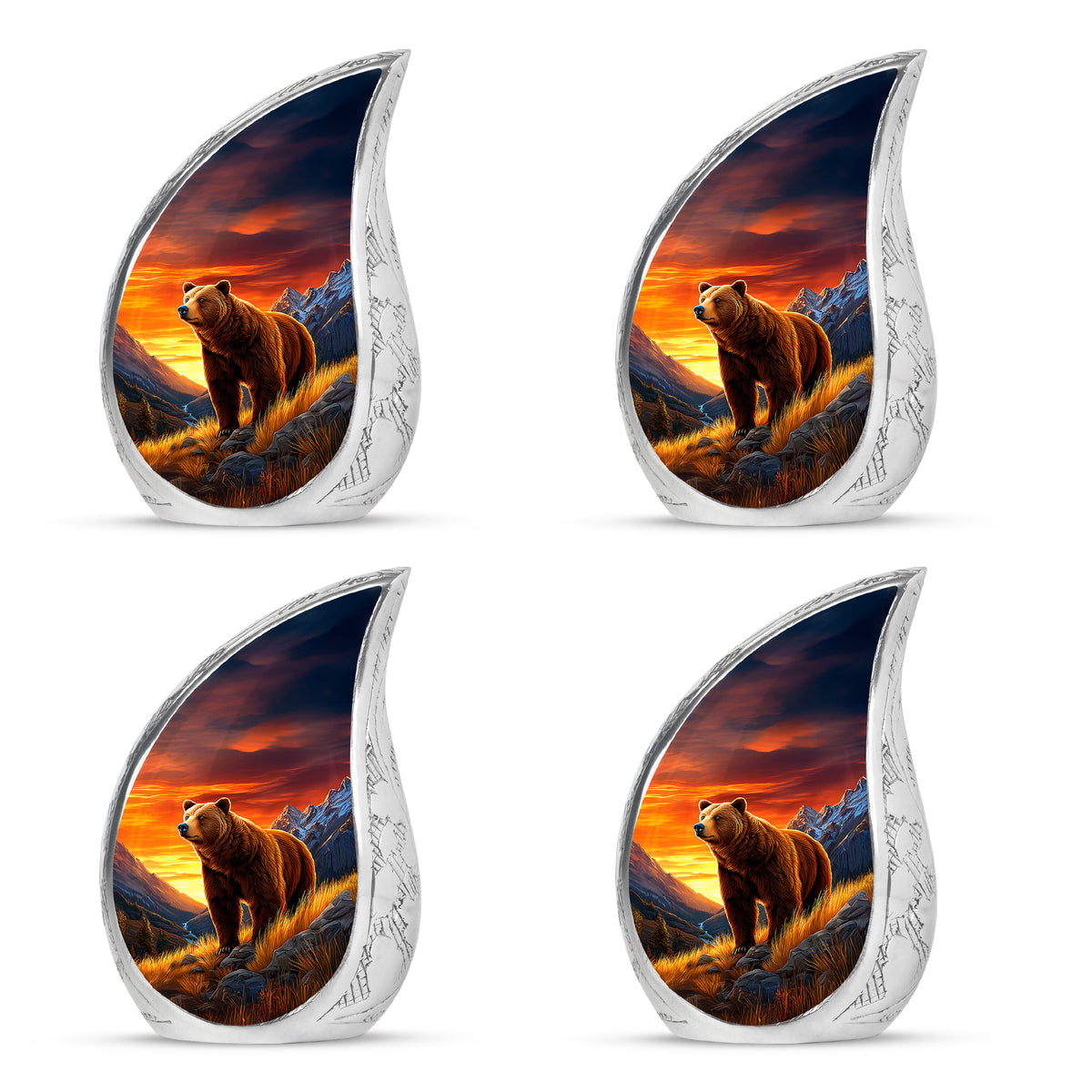 Twilight Blue Bear Cremation Urn close-up of engraving and surface detail - smooth teardrop contour featuring bear art - 10 inch aluminum urn for cremated remains