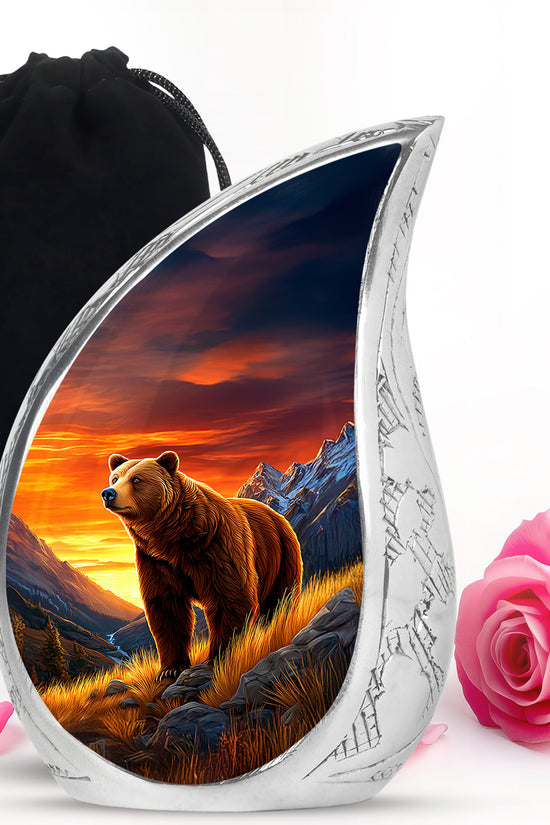 Cornflower Blue Bear Cremation Urn front view showing detailed design - graceful tear-shaped urn with bear motif - full-size 10 inch 200 cubic inch adult cremation urn