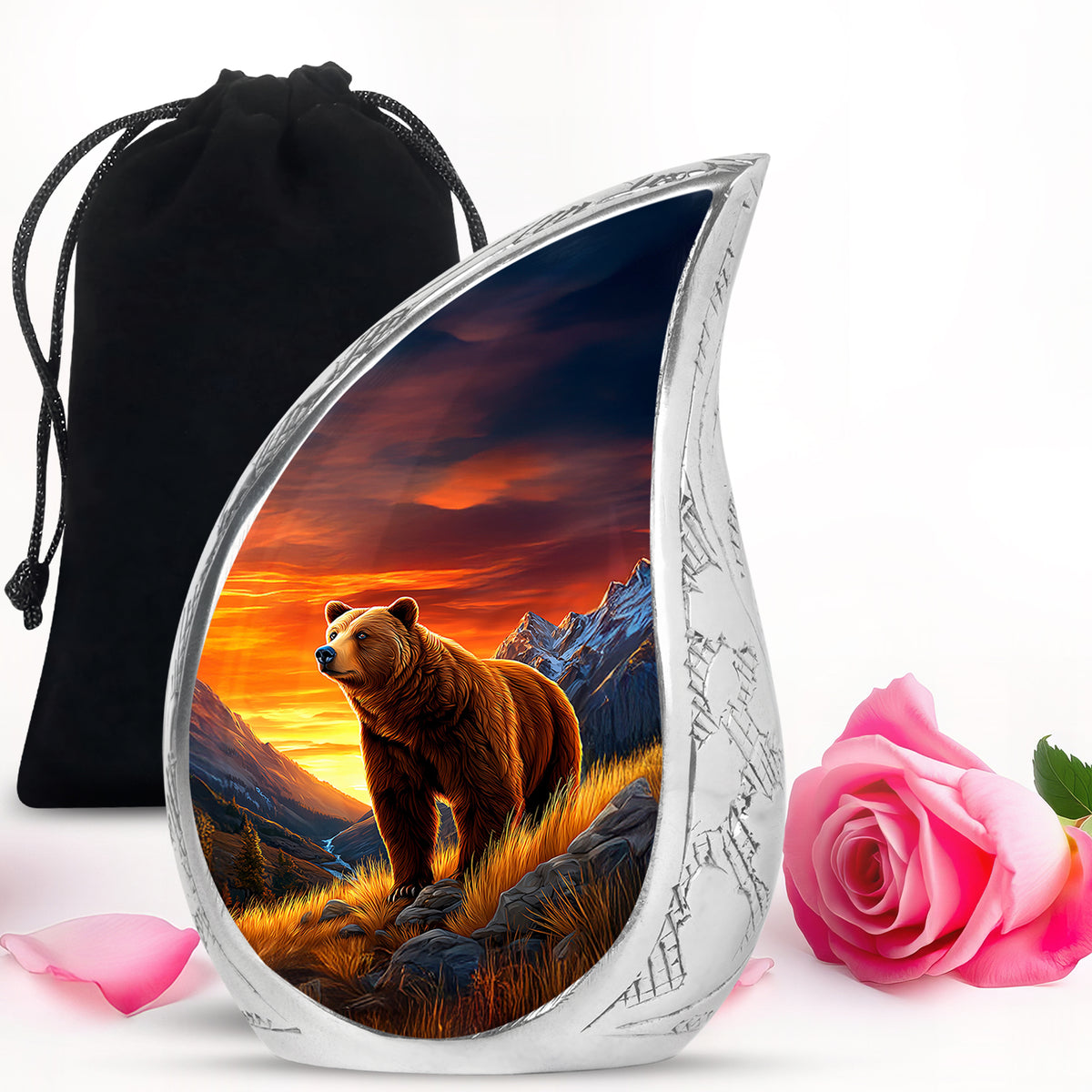Cornflower Blue Bear Cremation Urn front view showing detailed design - graceful tear-shaped urn with bear motif - full-size 10 inch 200 cubic inch adult cremation urn
