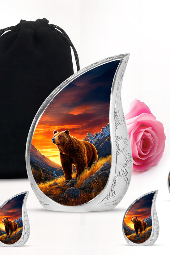 Calming Blue Bear Cremation Urn side profile showing urn shape - smooth teardrop contour featuring bear art - memorial set with one large and four small urns