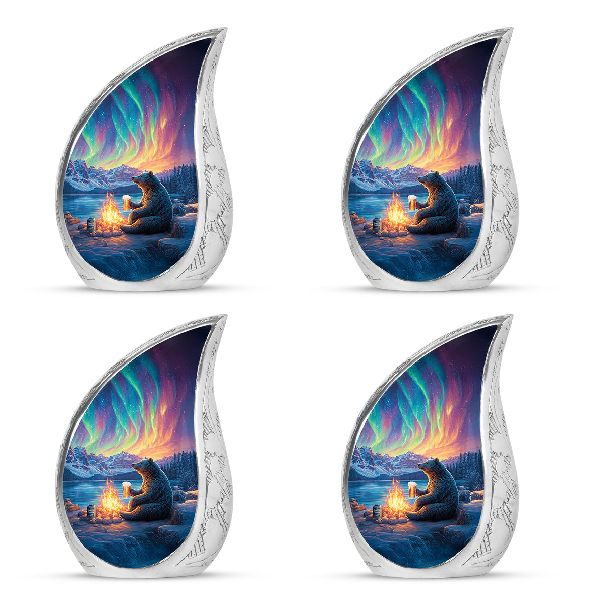 Soft Blue Bear Cremation Urn close-up of engraving and surface detail - graceful tear-shaped urn with bear motif - 10 inch aluminum urn for cremated remains