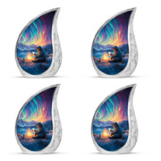 Soft Blue Bear Cremation Urn close-up of engraving and surface detail - graceful tear-shaped urn with bear motif - 10 inch aluminum urn for cremated remains