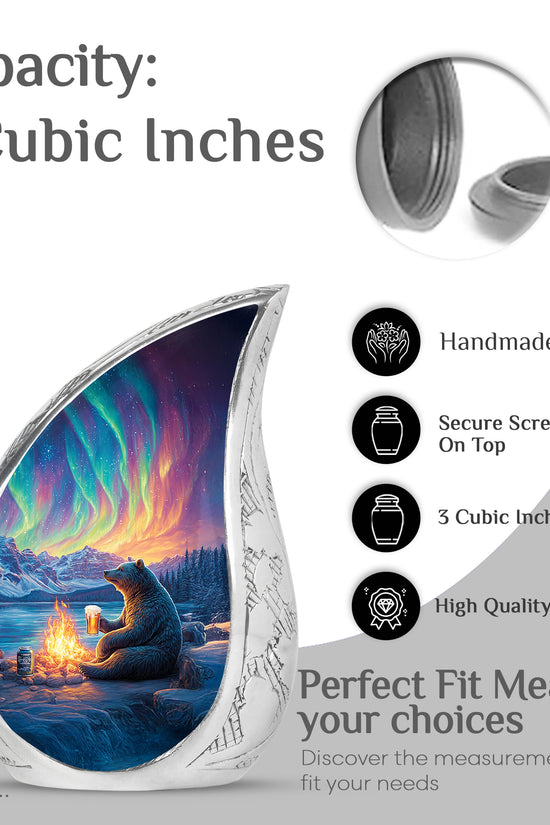 Royal Blue Bear Cremation Urn angled view of lid and engraved motif - graceful tear-shaped urn with bear motif - mini keepsake memorial for portion of cremation ashes