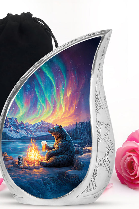 Twilight Blue Bear Cremation Urn front view showing detailed design - graceful tear-shaped urn with bear motif - full-size 10 inch 200 cubic inch adult cremation urn