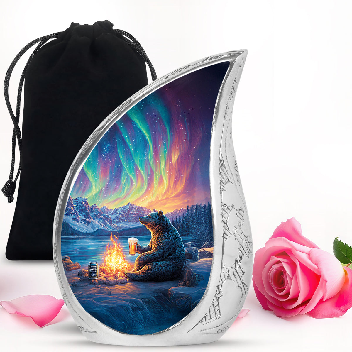 Twilight Blue Bear Cremation Urn front view showing detailed design - graceful tear-shaped urn with bear motif - full-size 10 inch 200 cubic inch adult cremation urn
