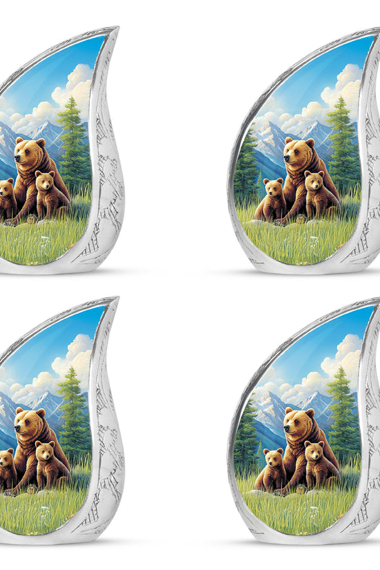 Celestial Blue Bear Cremation Urn close-up of engraving and surface detail - rounded teardrop bear design with delicate detail - 10 inch aluminum urn for cremated remains