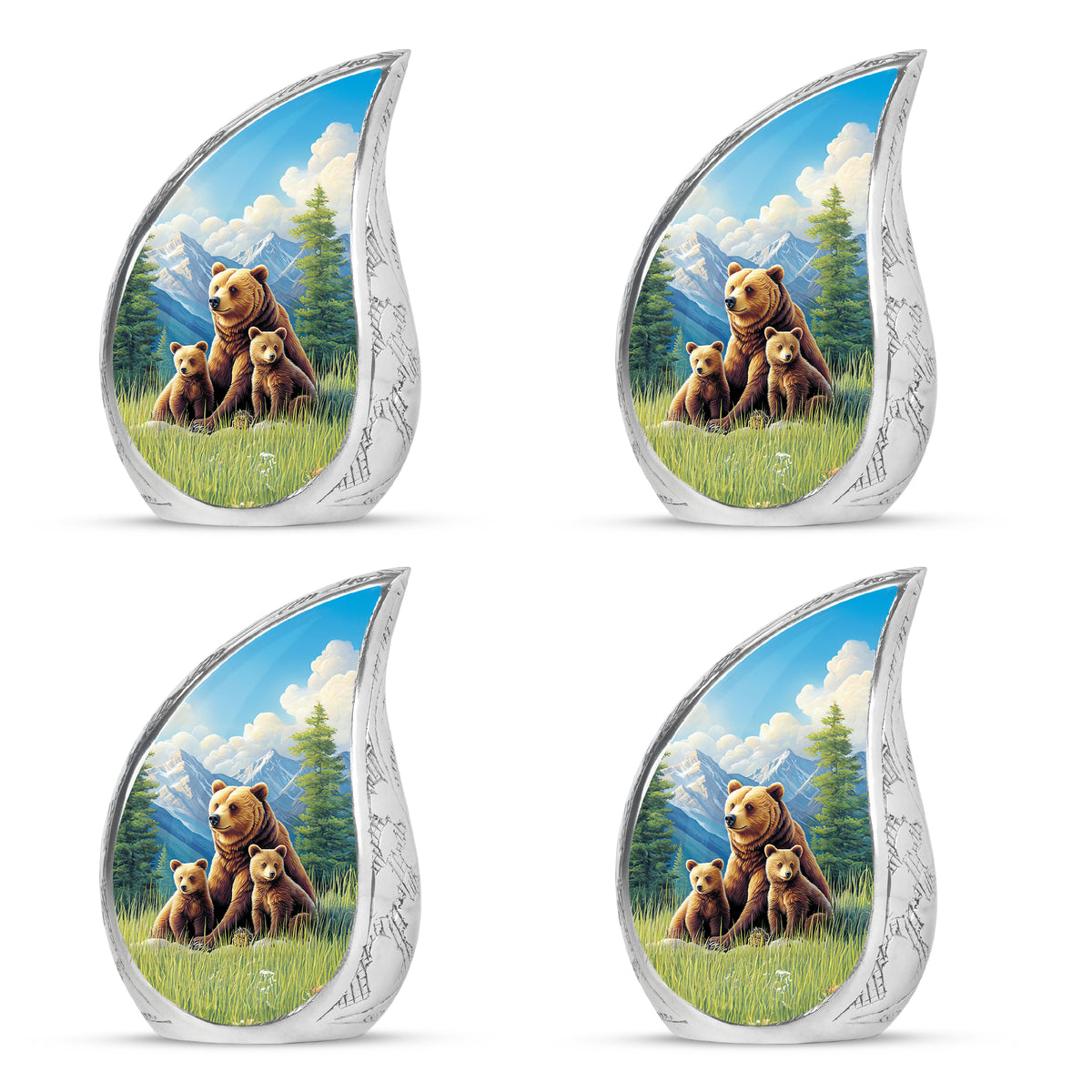Celestial Blue Bear Cremation Urn close-up of engraving and surface detail - rounded teardrop bear design with delicate detail - 10 inch aluminum urn for cremated remains