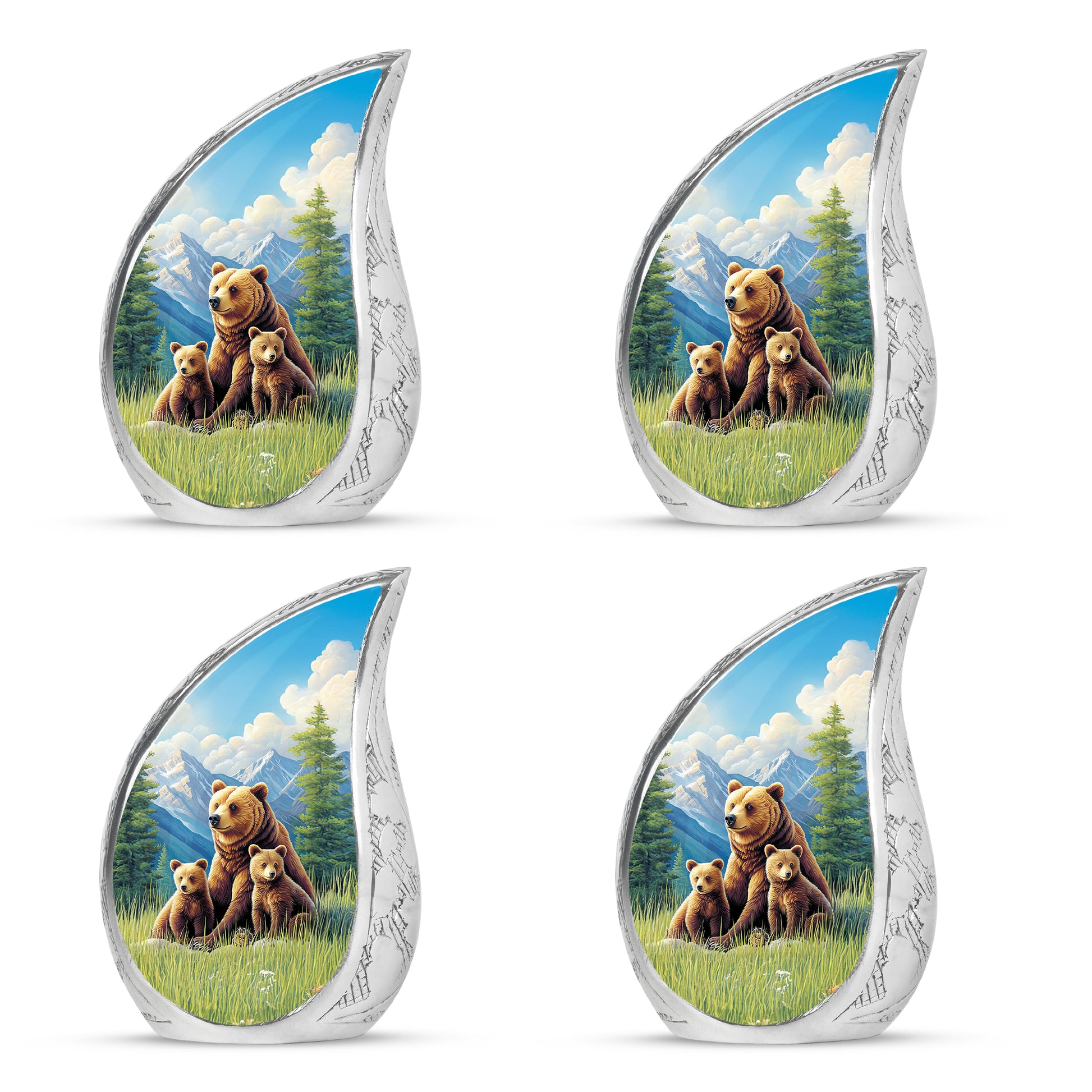 Celestial Blue Bear Cremation Urn close-up of engraving and surface detail - rounded teardrop bear design with delicate detail - 10 inch aluminum urn for cremated remains