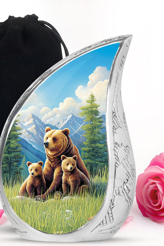 Steel Blue Bear Cremation Urn front view showing detailed design - graceful tear-shaped urn with bear motif - full-size 10 inch 200 cubic inch adult cremation urn