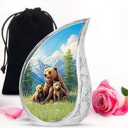 Steel Blue Bear Cremation Urn front view showing detailed design - graceful tear-shaped urn with bear motif - full-size 10 inch 200 cubic inch adult cremation urn