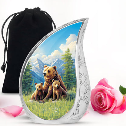 Steel Blue Bear Cremation Urn front view showing detailed design - graceful tear-shaped urn with bear motif - full-size 10 inch 200 cubic inch adult cremation urn