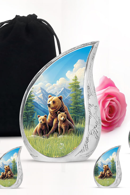 Serene Blue Bear Cremation Urn side profile showing urn shape - graceful tear-shaped urn with bear motif - memorial set with one large and four small urns