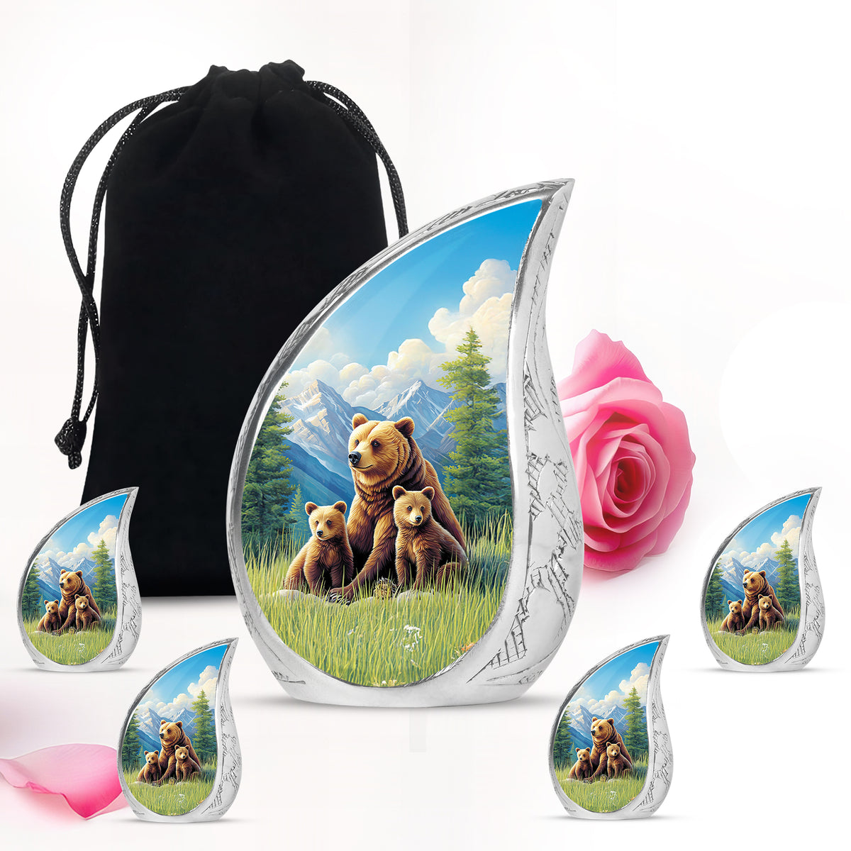 Serene Blue Bear Cremation Urn side profile showing urn shape - graceful tear-shaped urn with bear motif - memorial set with one large and four small urns