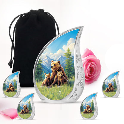 Serene Blue Bear Cremation Urn side profile showing urn shape - graceful tear-shaped urn with bear motif - memorial set with one large and four small urns