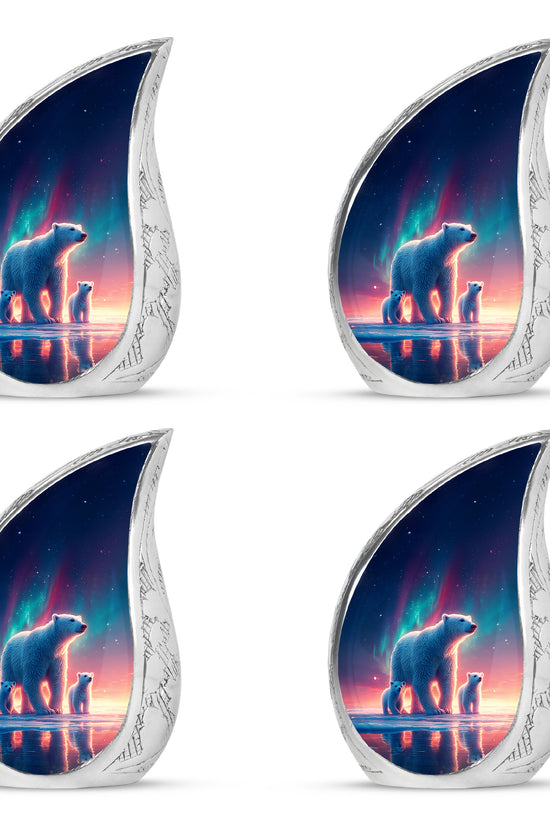 Pastel Blue Bear Cremation Urn close-up of engraving and surface detail - flowing teardrop bear silhouette on curved aluminum - 10 inch aluminum urn for cremated remains