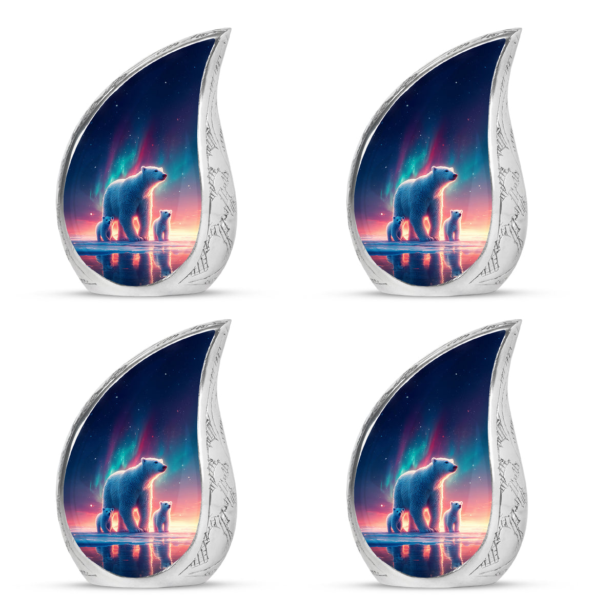 Pastel Blue Bear Cremation Urn close-up of engraving and surface detail - flowing teardrop bear silhouette on curved aluminum - 10 inch aluminum urn for cremated remains
