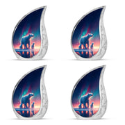 Pastel Blue Bear Cremation Urn close-up of engraving and surface detail - flowing teardrop bear silhouette on curved aluminum - 10 inch aluminum urn for cremated remains