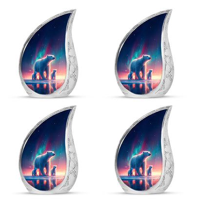 Pastel Blue Bear Cremation Urn close-up of engraving and surface detail - flowing teardrop bear silhouette on curved aluminum - 10 inch aluminum urn for cremated remains