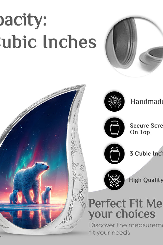 Slate Blue Bear Cremation Urn angled view of lid and engraved motif - flowing teardrop bear silhouette on curved aluminum - mini keepsake memorial for portion of cremation ashes