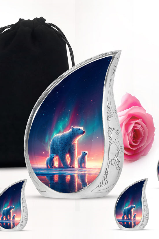 Royal Blue Bear Cremation Urn side profile showing urn shape - smooth teardrop contour featuring bear art - memorial set with one large and four small urns