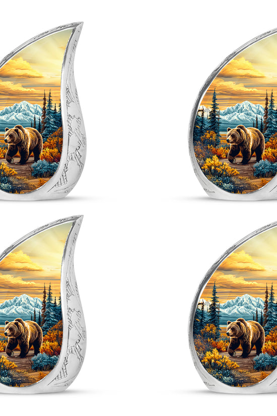Amber Gold Bear Cremation Urn close-up of engraving and surface detail - flowing teardrop bear silhouette on curved aluminum - 10 inch aluminum urn for cremated remains