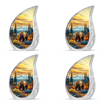 Amber Gold Bear Cremation Urn close-up of engraving and surface detail - flowing teardrop bear silhouette on curved aluminum - 10 inch aluminum urn for cremated remains