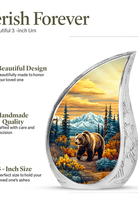 Gilded Gold Bear Cremation Urn angled view of lid and engraved motif - rounded teardrop bear design with delicate detail - mini keepsake memorial for portion of cremation ashes
