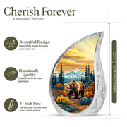 Gilded Gold Bear Cremation Urn angled view of lid and engraved motif - rounded teardrop bear design with delicate detail - mini keepsake memorial for portion of cremation ashes
