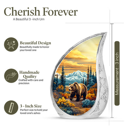 Gilded Gold Bear Cremation Urn angled view of lid and engraved motif - rounded teardrop bear design with delicate detail - mini keepsake memorial for portion of cremation ashes