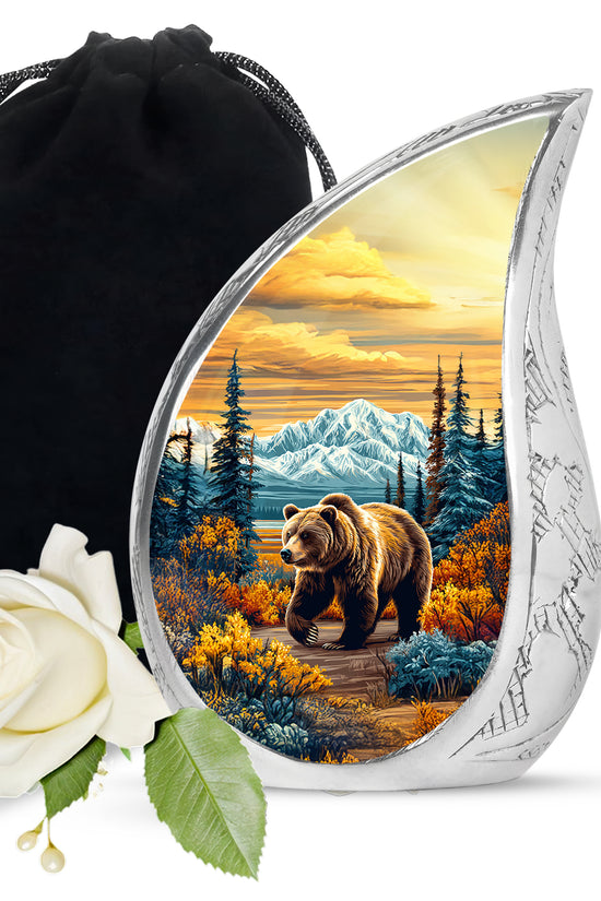 Amber Gold Bear Cremation Urn front view showing detailed design - rounded teardrop bear design with delicate detail - full-size 10 inch 200 cubic inch adult cremation urn