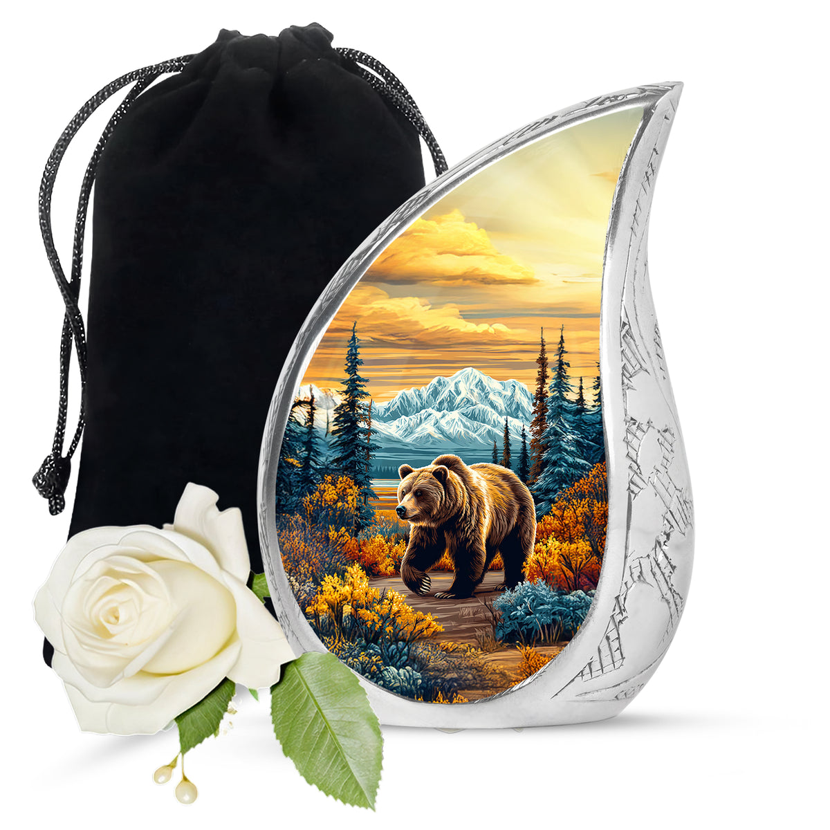 Amber Gold Bear Cremation Urn front view showing detailed design - rounded teardrop bear design with delicate detail - full-size 10 inch 200 cubic inch adult cremation urn