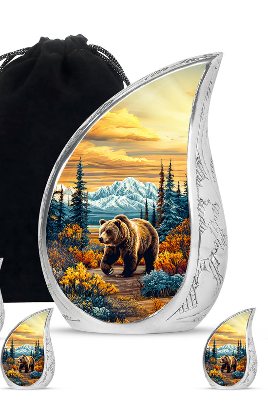Gilded Gold Bear Cremation Urn side profile showing urn shape - rounded teardrop bear design with delicate detail - memorial set with one large and four small urns