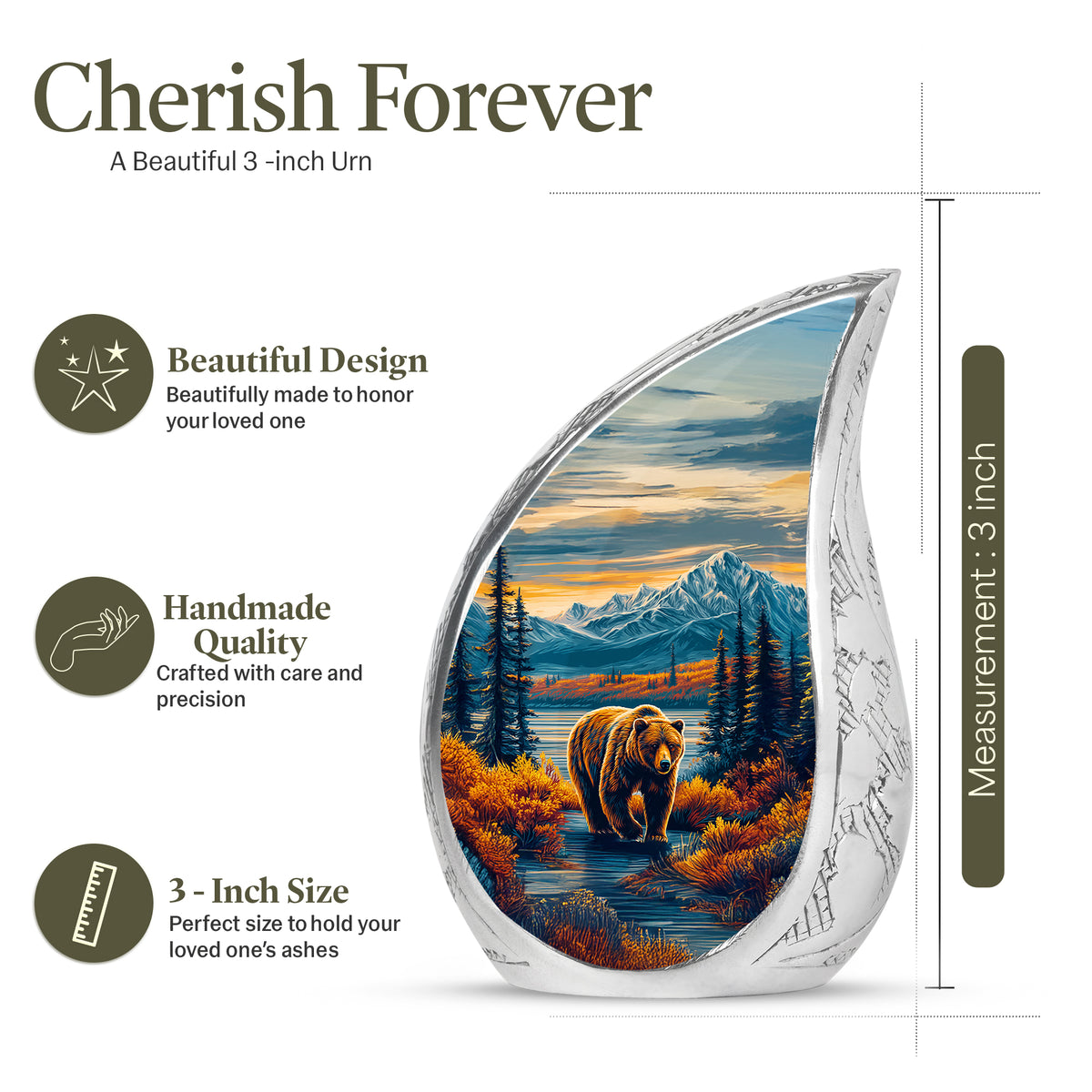 Soft Blue Bear Cremation Urn angled view of lid and engraved motif - graceful tear-shaped urn with bear motif - mini keepsake memorial for portion of cremation ashes