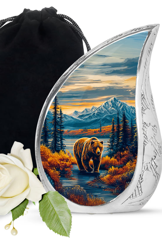 Cornflower Blue Bear Cremation Urn front view showing detailed design - smooth teardrop contour featuring bear art - full-size 10 inch 200 cubic inch adult cremation urn