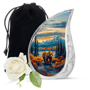 Cornflower Blue Bear Cremation Urn front view showing detailed design - smooth teardrop contour featuring bear art - full-size 10 inch 200 cubic inch adult cremation urn