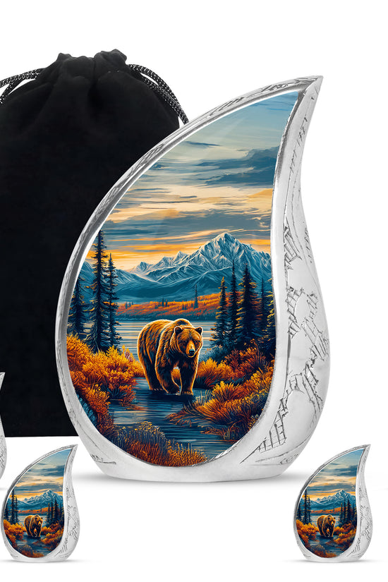 Cornflower Blue Bear Cremation Urn side profile showing urn shape - graceful tear-shaped urn with bear motif - memorial set with one large and four small urns