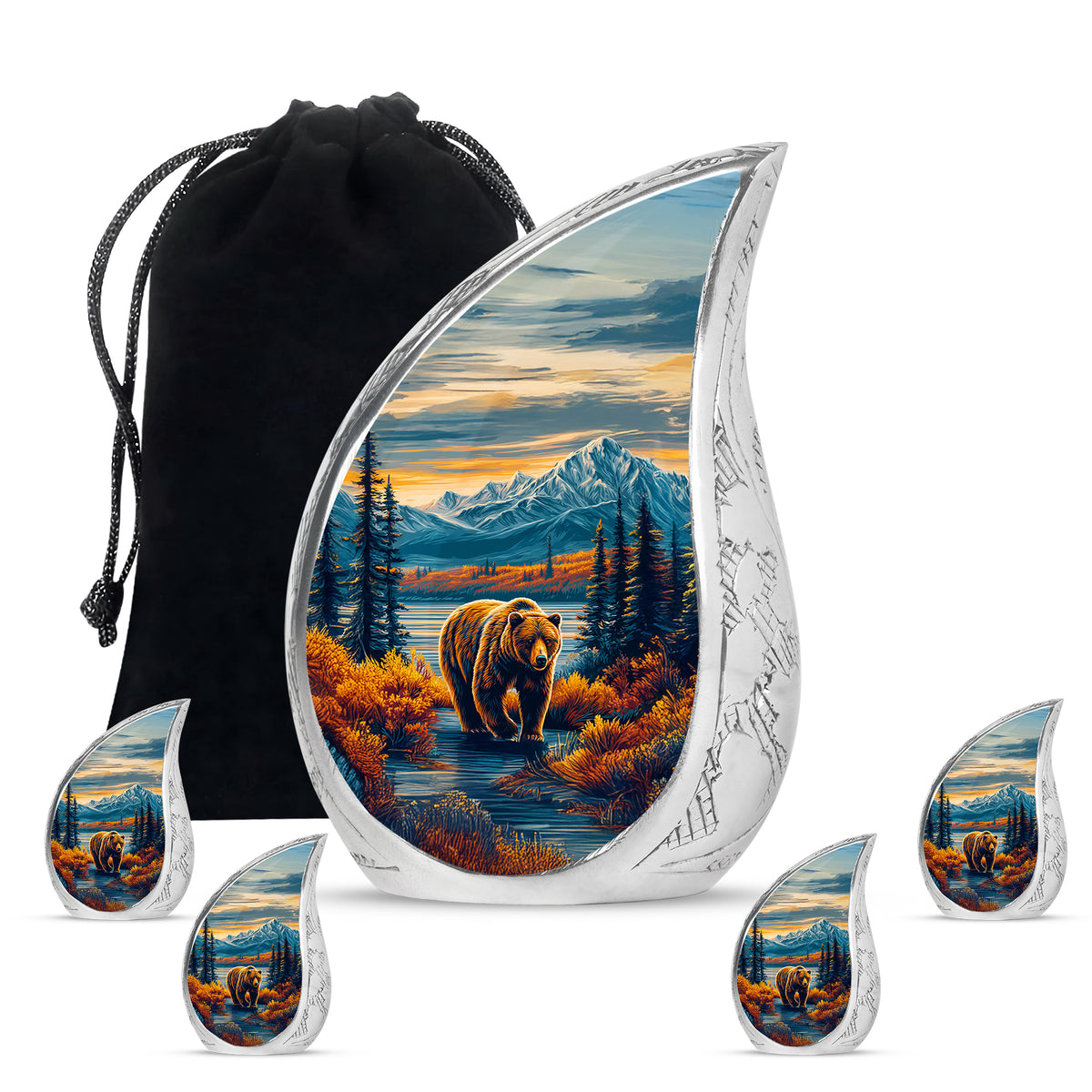 Cornflower Blue Bear Cremation Urn side profile showing urn shape - graceful tear-shaped urn with bear motif - memorial set with one large and four small urns