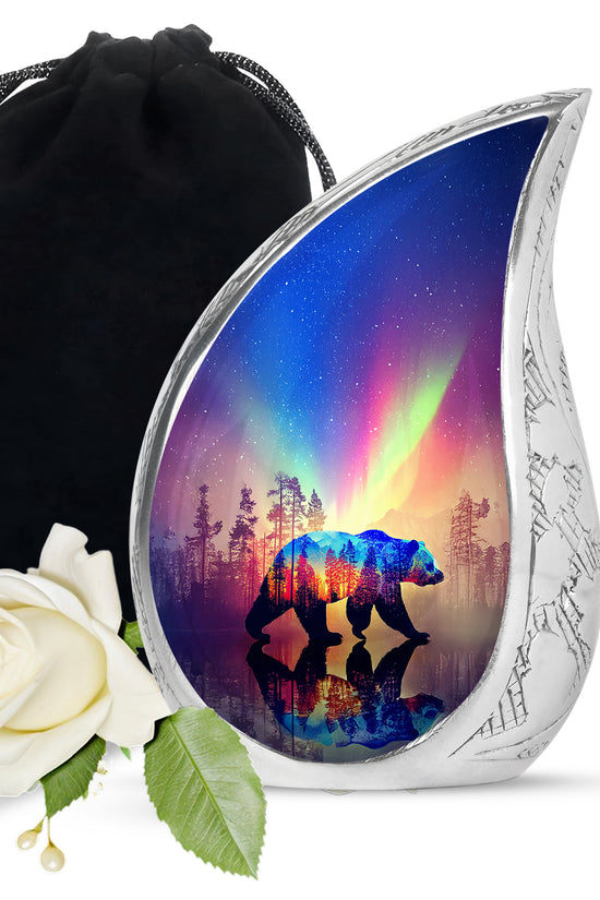 Calming Blue Bear Cremation Urn front view showing detailed design - graceful tear-shaped urn with bear motif - full-size 10 inch 200 cubic inch adult cremation urn