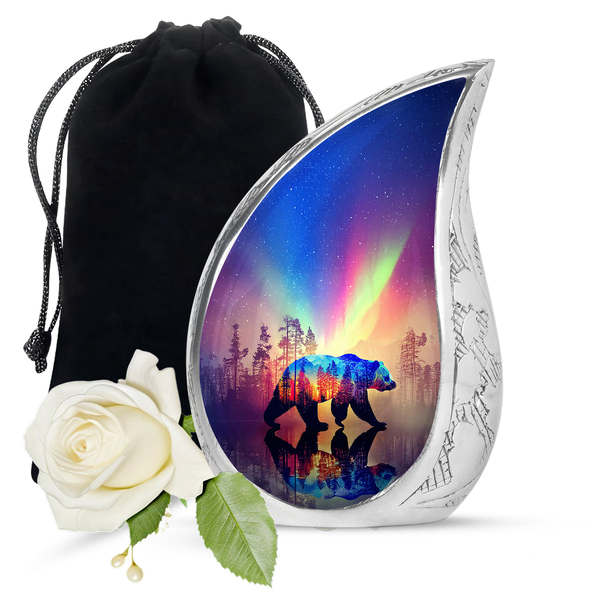Calming Blue Bear Cremation Urn front view showing detailed design - graceful tear-shaped urn with bear motif - full-size 10 inch 200 cubic inch adult cremation urn