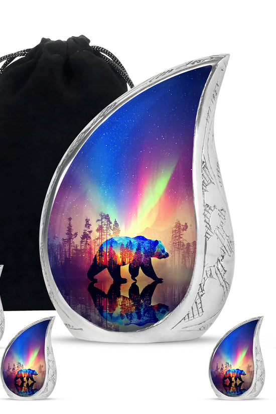 Vivid Blue Bear Cremation Urn side profile showing urn shape - smooth teardrop contour featuring bear art - memorial set with one large and four small urns