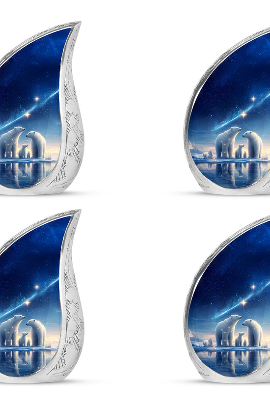 Celestial Blue Bear Cremation Urn close-up of engraving and surface detail - rounded teardrop bear design with delicate detail - 10 inch aluminum urn for cremated remains