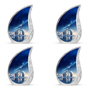Celestial Blue Bear Cremation Urn close-up of engraving and surface detail - rounded teardrop bear design with delicate detail - 10 inch aluminum urn for cremated remains