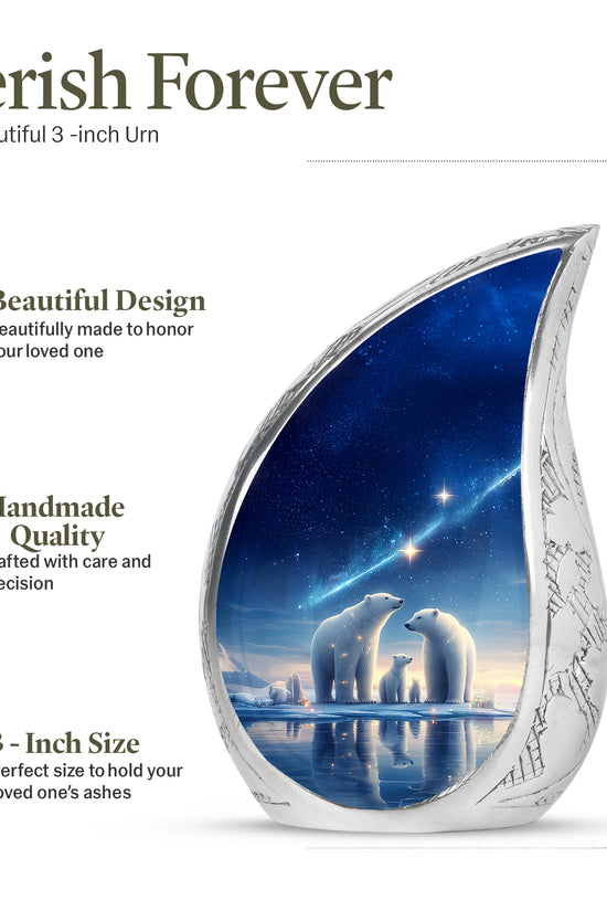 Misty Blue Bear Cremation Urn angled view of lid and engraved motif - rounded teardrop bear design with delicate detail - mini keepsake memorial for portion of cremation ashes