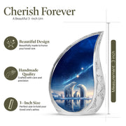 Misty Blue Bear Cremation Urn angled view of lid and engraved motif - rounded teardrop bear design with delicate detail - mini keepsake memorial for portion of cremation ashes