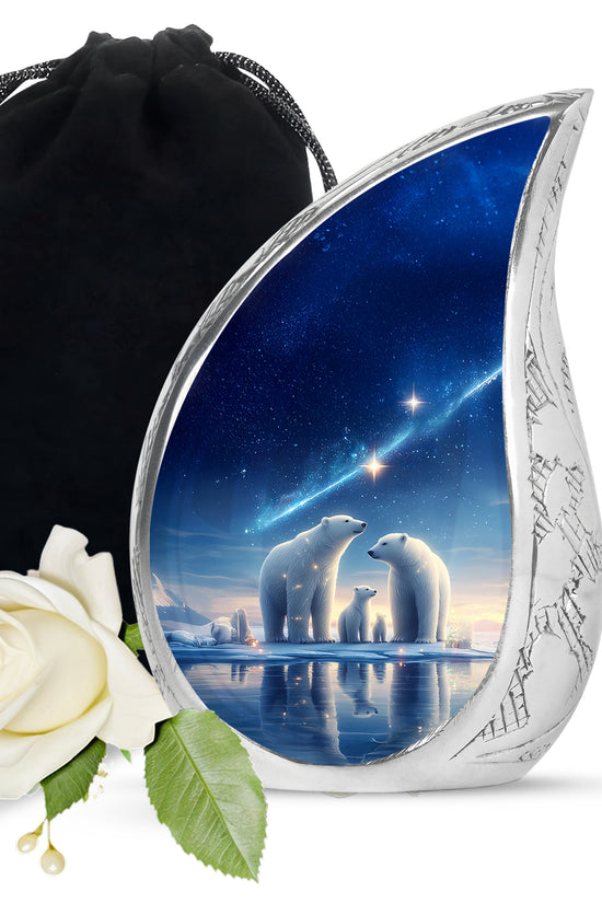 Vivid Blue Bear Cremation Urn front view showing detailed design - smooth teardrop contour featuring bear art - full-size 10 inch 200 cubic inch adult cremation urn